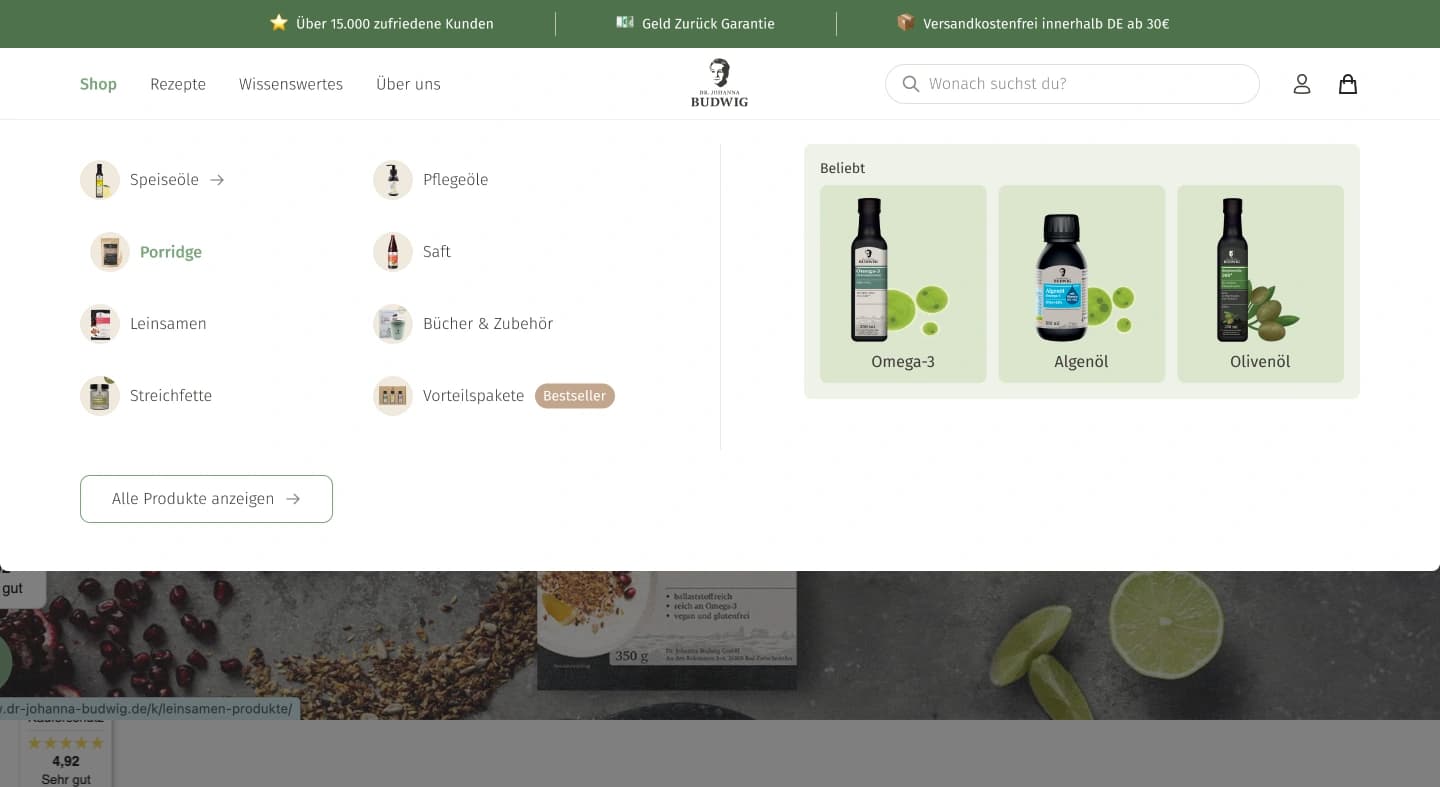 Dr. Johanna Budwig: Navigation nach dem Relaunch, Desktop-Ansicht