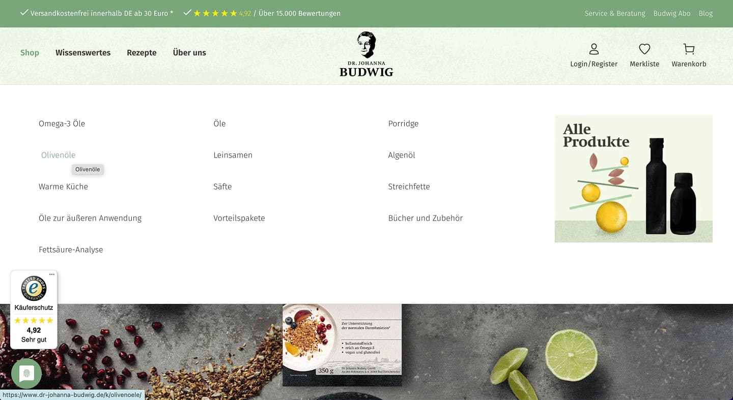 Dr. Johanna Budwig: Navigation vor dem Relaunch, Desktop-Ansicht