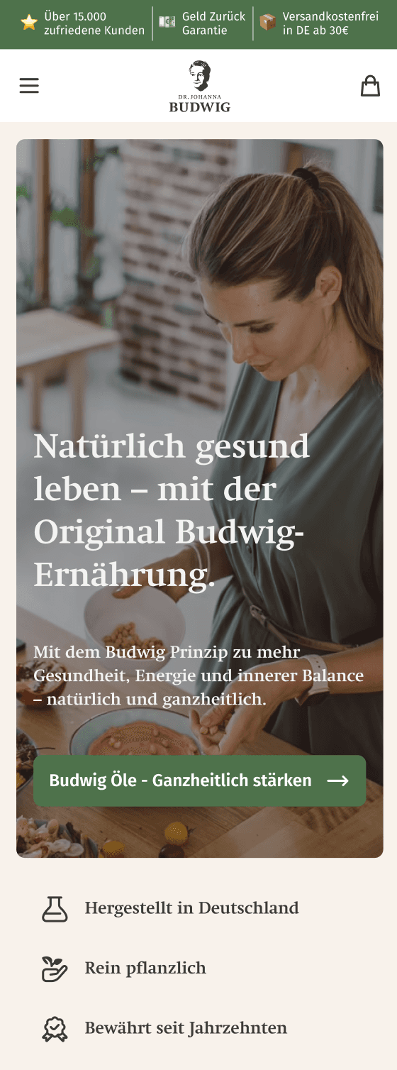 Mobile Shop-Ansicht von Dr. Johanna Budwig mit Budwig-Ernährung und Budwig-Ölen