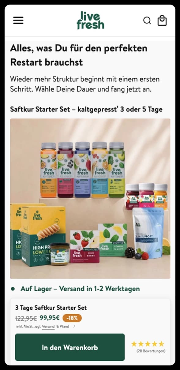 LiveFresh Shopify-Shop auf dem Smartphone